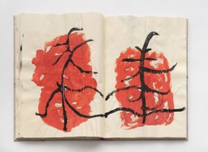 Elisa Montessori sketchbook artwork, red and black abstract spread